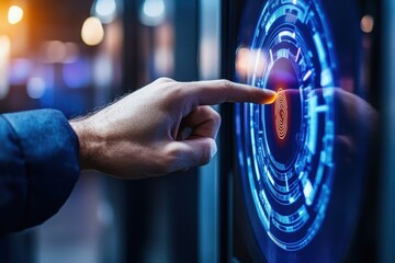 A finger touching a glowing red interface with a fingerprint scan on a high-tech screen, illustrating digital security and advanced verification technology.
