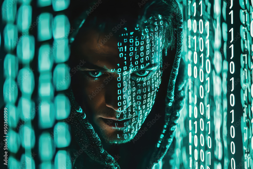 Poster in a mesmerizing blend of light and shadow, a hacker emerges, merging with a world of luminous binar