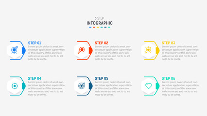 Fototapeta premium Business infographics design for Six Step, option, parts or process. Infographic 6 element design template for presentation. process diagram, step banner, flow chart, 6 option template.