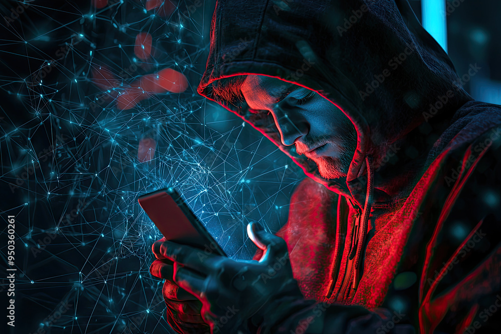 Poster a lone hacker immersed in the glow of a smartphone, navigating cyberspace with precision and secrecy