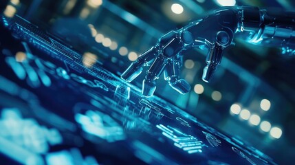 Futuristic robotic hand interacting with a digital interface, showcasing advanced technology and innovation in a high-tech environment.