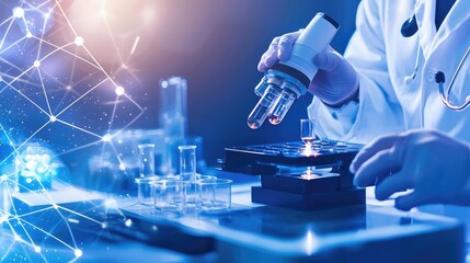 A scientist examines samples under a microscope, showcasing modern lab techniques and innovative research in a high-tech environment.