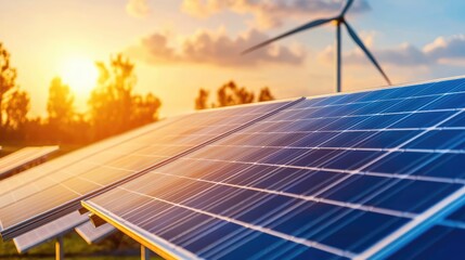A beautiful sunset over solar panels with a wind turbine in the background, symbolizing renewable energy and sustainability.