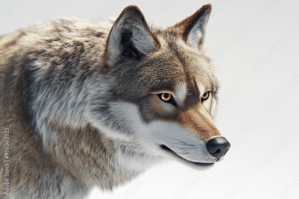 Poster a dynamic 3d of a wolf in a close up view, displaying its fierce and commanding nature. the wolf is 