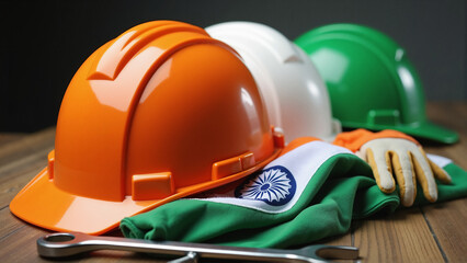 India Labor Day concept. Three protection worker helmets as a symbol of the national flag colors on top of a folded Indian flag