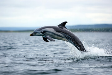 Fototapeta premium A joyful dolphin leaps out of the ocean, splashing water around while showcasing its playful spirit against a serene backdrop.