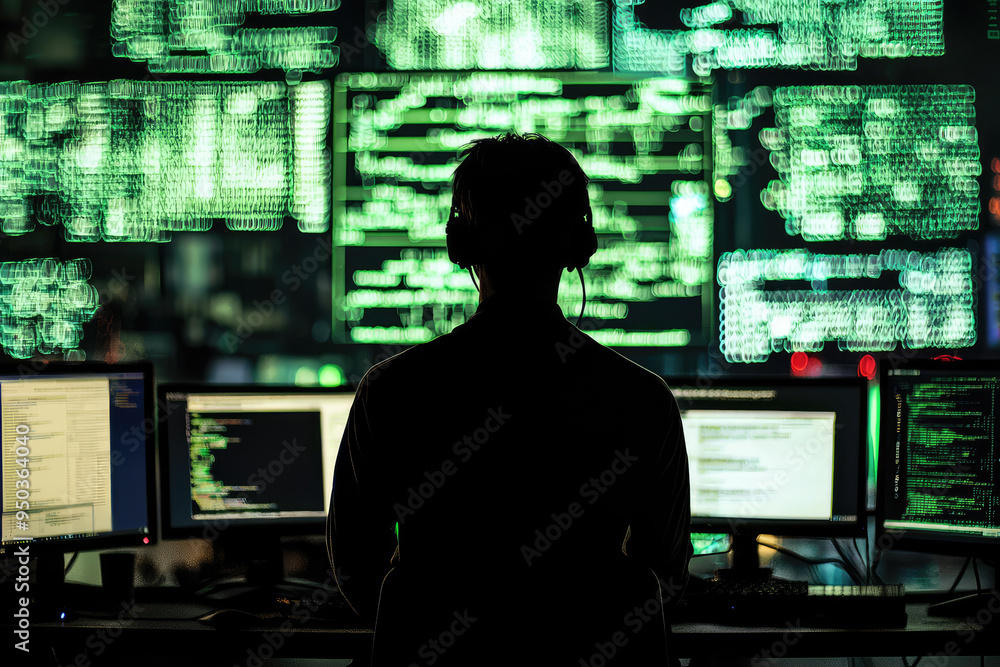 Poster a shadowy hacker works amidst glowing code, highlighting the tension and intrigue of the digital und