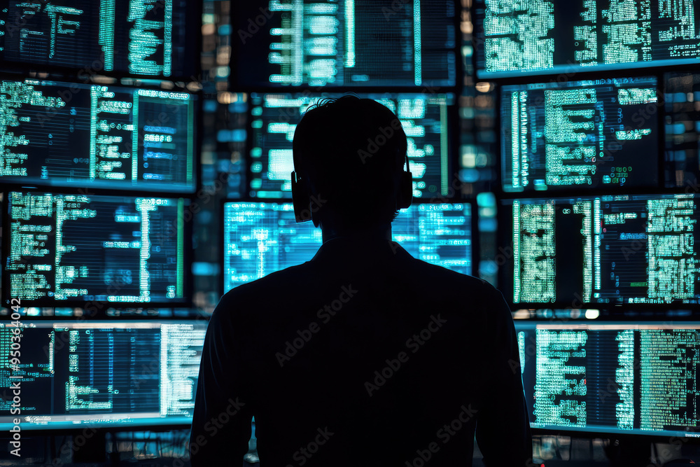 Poster in the shadows of code: a hacker's journey through the digital abyss and data streams that hide secr