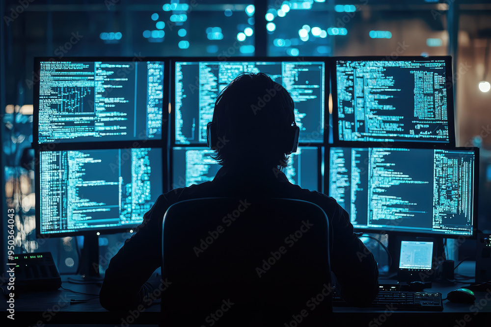 Poster in the shadows of technology: a hacker's complex world of code and data unraveled in a dazzling digi