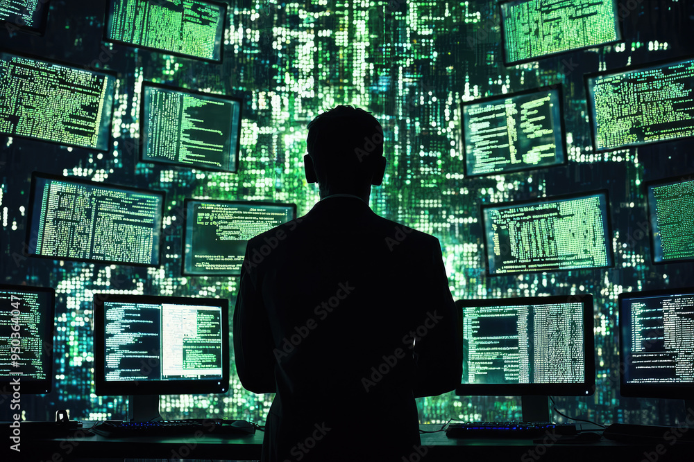 Poster a stealthy hacker's realm: illuminated green code and monitors create an intriguing tech atmosphere