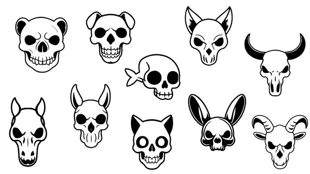 Stylish silhouette vector set of animal skulls
