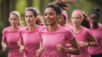 A group of women wearing matching pink shirts and running shoes jogging together in a park their expressions determined as they support breast cancer awareness through a charity run