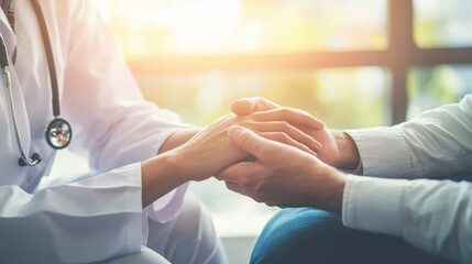 A doctor gently holding a patients hand during a serious discussion in a well-lit medical office the room filled with the warmth of natural light