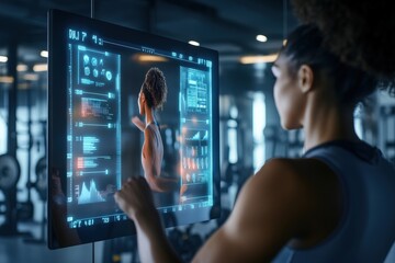 A woman in a gym interacts with a sleek, futuristic display panel showing various fitness-related data and statistics, blending technology with fitness for an enhanced workout experience.