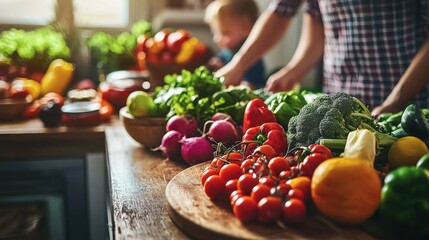 A vibrant assortment of healthy organic fruits and vegetables on a rustic wooden table in a well-lit kitchen with a family preparing a fresh meal together