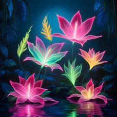 Fototapeta premium Surreal neon tropical flowers
