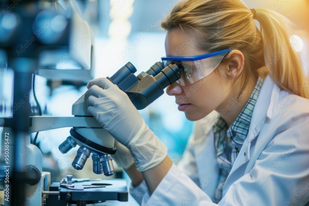 Poster female scientist examining samples through a microscope in a laboratory setting