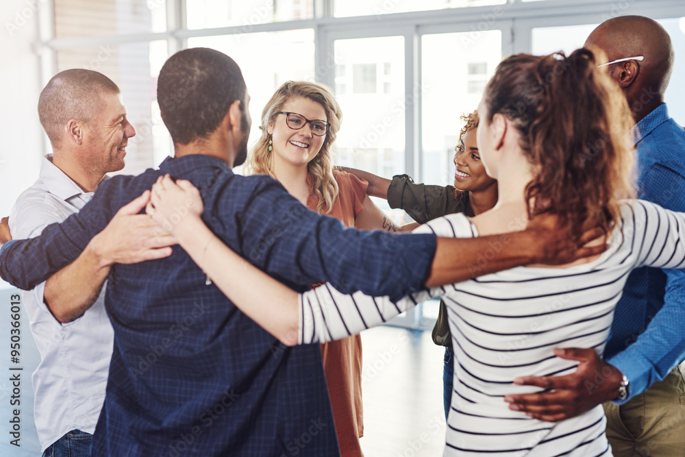 Aufkleber Group, team building and huddle together in support for networking, collaboration or motivation at startup. Work, goals and diversity, office of people with business growth and creative staff embrace