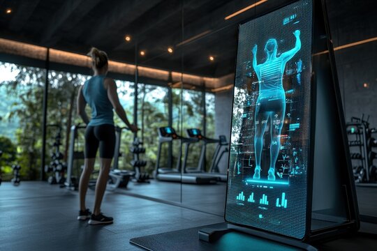 A woman in a modern gym observes detailed fitness data displayed on a futuristic screen, showcasing the integration of advanced technology with physical training and health monitoring.
