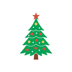 Cartoon abstract christmas tree with stars and balls vector, Christmas Tree Color Flat Icon, merry xmas celebration happy new year decoration vector illustration.	