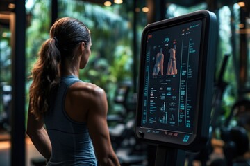 An athlete in a gym looks at a technologically advanced display showcasing detailed workout metrics, blending physical training with innovative fitness tracking technology.
