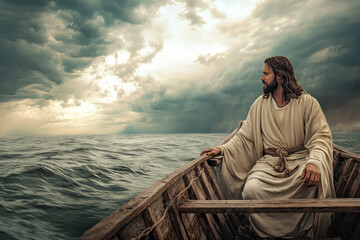 Fototapeta premium Jesus Christ Calms the Storm: A Visual Representation of Faith and Tranquility Amid Nature's Fury and Inner Turmoil