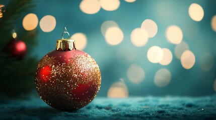 A Red Christmas Ornament With Gold Glitter