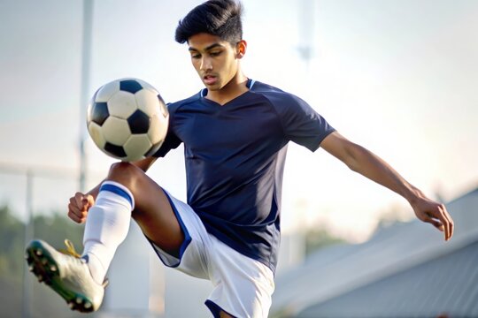 Young Indian Soccer Player in Action - A dynamic shot of a young Indian boy kicking a soccer ball on an outdoor field.
