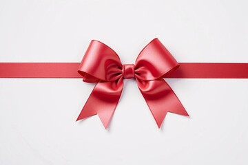 A red satin ribbon tied in a bow on a white background.