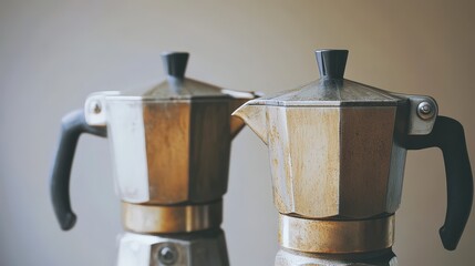 Authentic Italian Charm: Close-up of Traditional Stovetop Espresso Makers in Neutral Setting