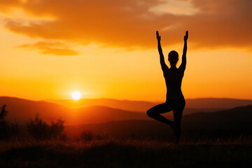 A serene silhouette of a person practicing yoga at sunset, radiating peace and tranquility amidst a beautiful landscape.