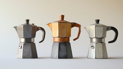 Classic Italian Espresso Pots: Close-up of Moka Pot and Stovetop Coffee Maker Against Neutral Background