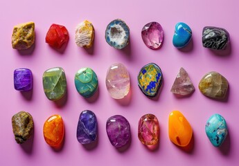 Colorful gemstones arranged on a vibrant pink background showcasing various shapes and hues