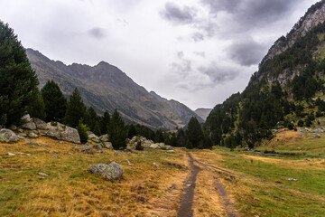 Beautiful landscape with mountains on a rainy day, in Pirineos, Huesca (Spain)