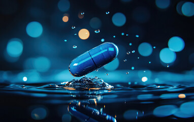 A vibrant blue capsule floating in water droplets, showcasing beauty and innovation in pharmaceutical design.