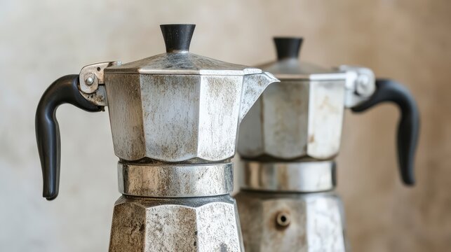 Classic Stovetop Espresso Makers - Close-up of Italian Espresso Pots like Moka Pot Against Neutral Background