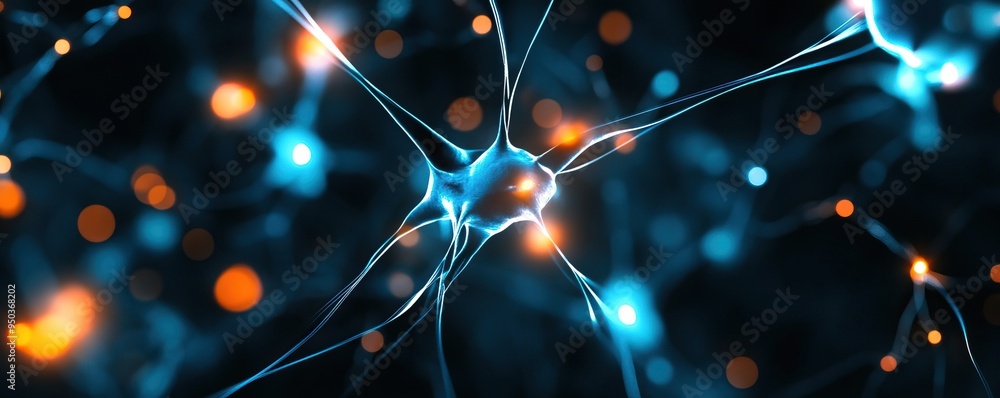 Poster an intricate depiction of neurons showcasing connections and glowing synapses in a dark background, 