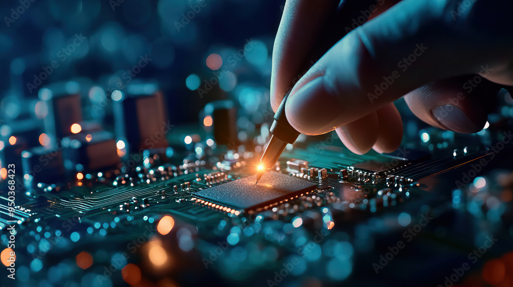 Poster close-up view of a hand working on a circuit board, highlighting intricate details and modern techno