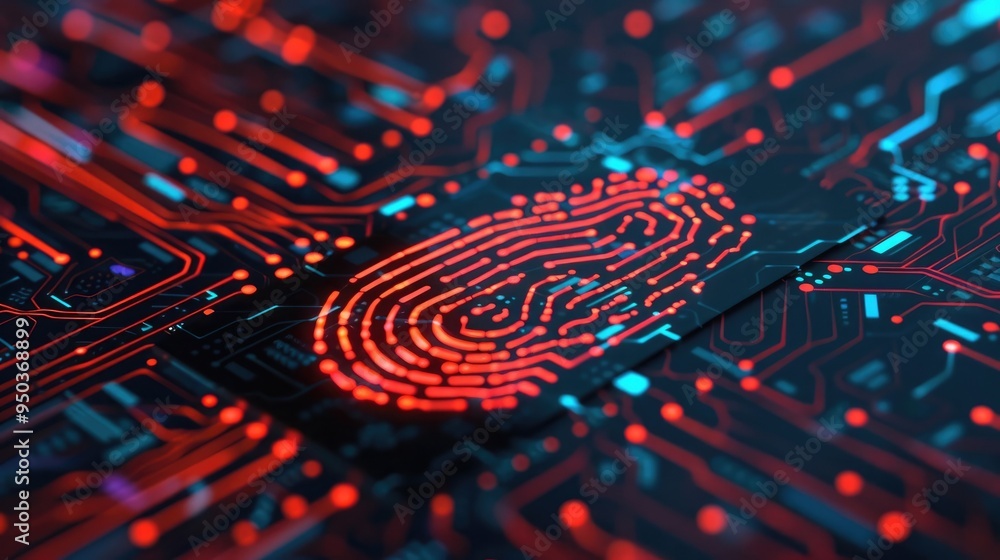 Poster digital fingerprint on a circuit board representing cyber security and biometric technology concept 