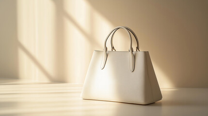 white handbag standing in a plain studio