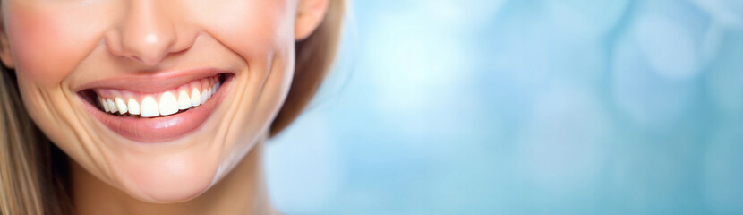 Obraz premium Banner. Woman's smile white teeth beautiful skin tone and hands. Teeth healthcare concept. Pastel blue background. Front view.