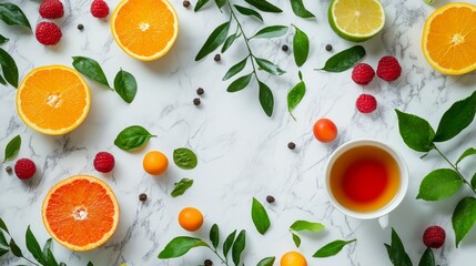 Citrus Fruits, Berries, Tea and Green Leaves on Marble Background