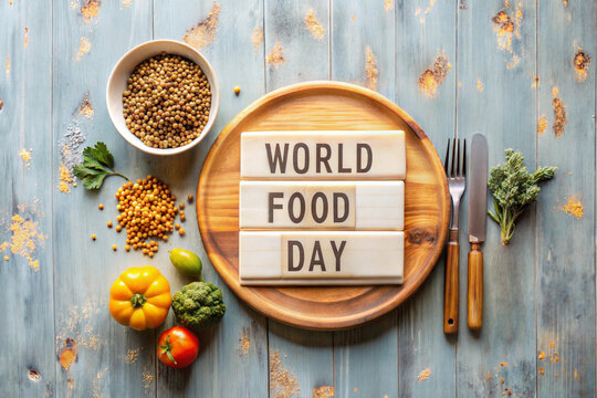 World Food Day Concept. Plate knife fork vegetables on wooden table background. Inscription on the plate World Food Day. Top view.