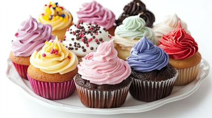 A plate filled with assorted cupcakes, each uniquely decorated, set against a clean white background, inviting a sweet treat.