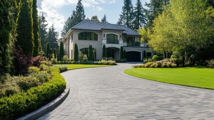 A pristine driveway with neatly arranged pavers, leading to a luxurious house, showcasing elegance and style