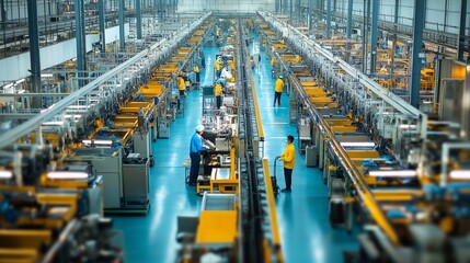 panoramic view of a factory floor, with rows of assembly lines and workers