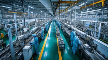 panoramic view of a factory floor, with rows of assembly lines and workers
