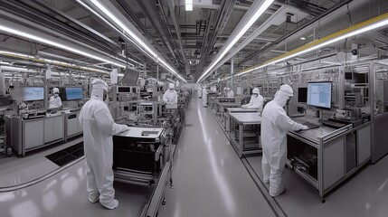 Obraz premium panoramic view of a factory floor, with rows of assembly lines and workers