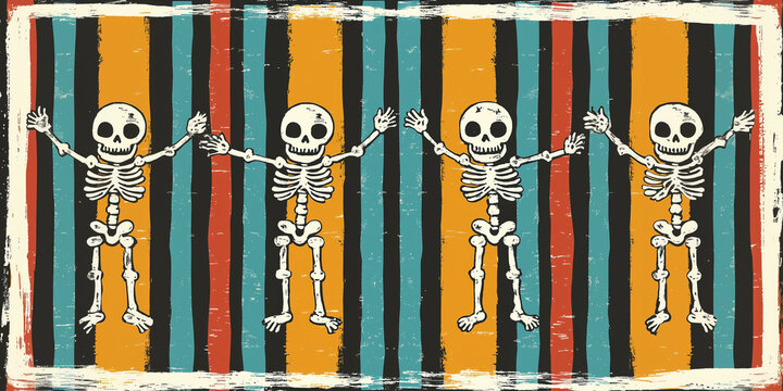Retro Halloween Skeletons. Playful Mid-Century Modern Halloween Illustration with Halloween Colors Mustard-Orange and Teal