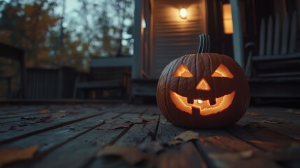 Halloween Carved Pumpkin on the Porch. AI generated illustration